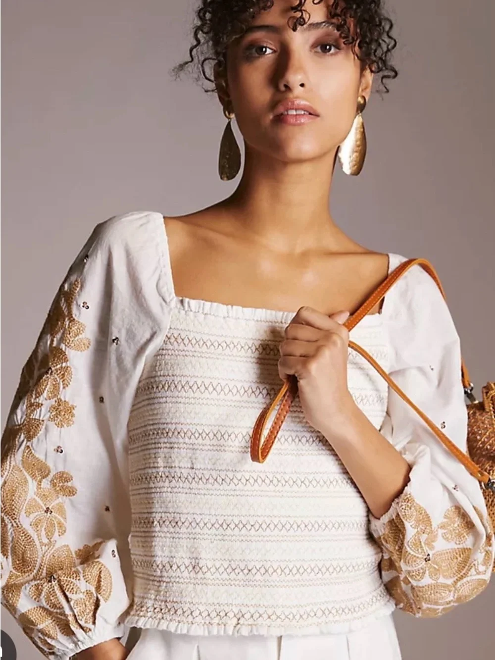 Anthropologie Cream White Embroidered Puff-Sleeve Peasant Blouse